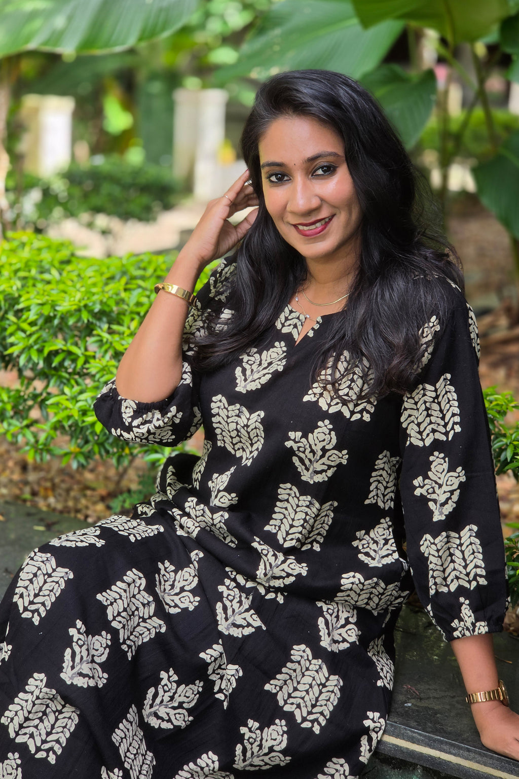 Black & Cream Printed Cotton A-Line Coord Set