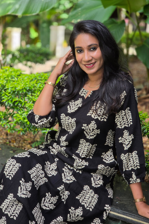 Black & Cream Printed Cotton A-Line Coord Set