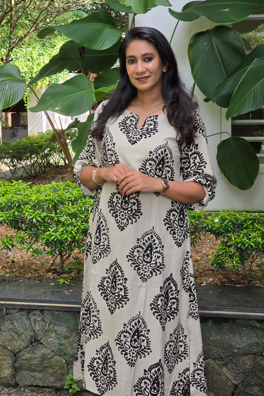 Cream & Black Cotton A-Line Coord Set